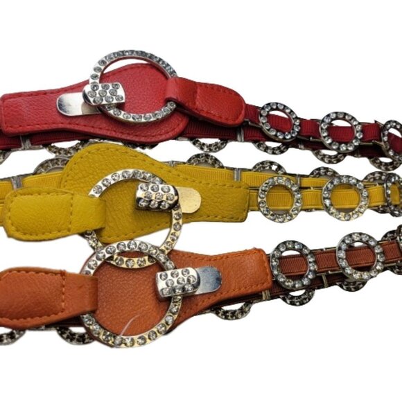 WOMENS Yellow Stretch Belt Bling Crystals Buckle Elasticized Band Belt - Picture 11 of 11